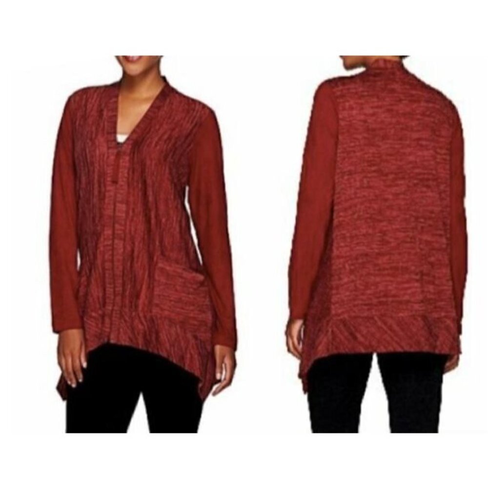 LOGO Lori Goldstein Womens Small Knit Tunic Cardigan Faux Suede Sleeves A266500